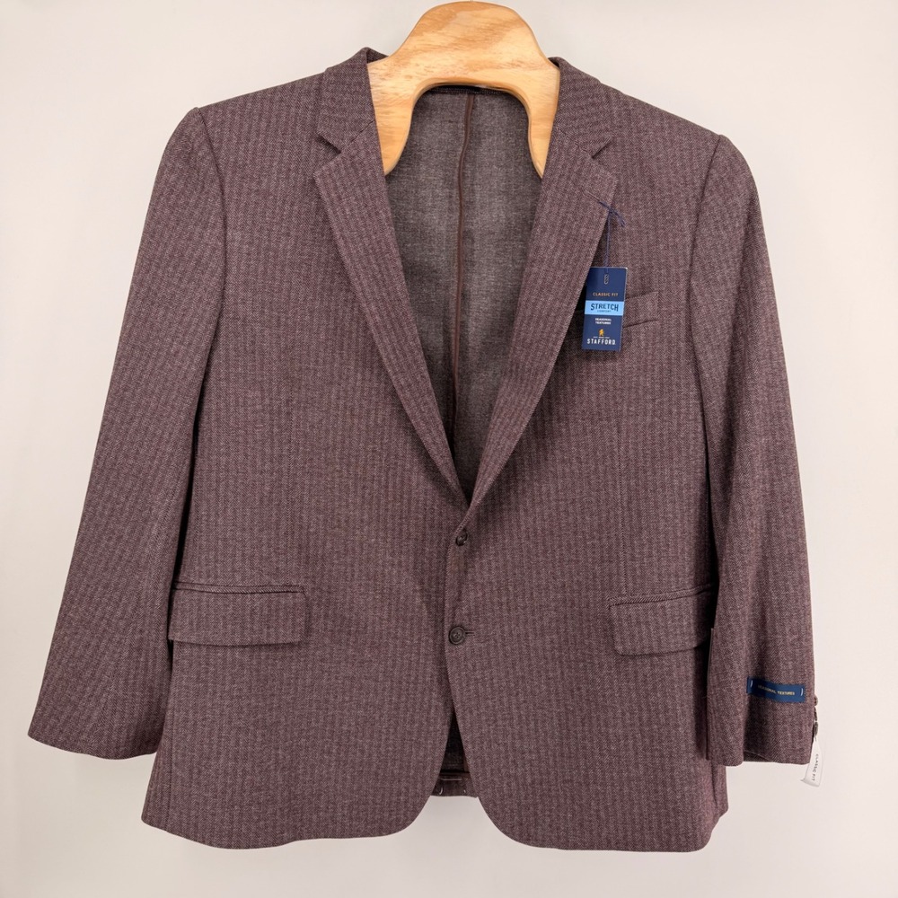 Stafford Sport Coat Mens 52R Burgundy Herringbone Classic Fit Stretch Blazer